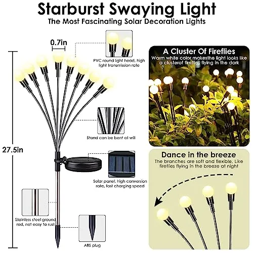 2023 Solar Garden Lights, 4 Pack Solar Firefly Lights, Solar Christmas Lights Outdoor Waterproof, Solar Twinkle Swaying Fairy Light for Pathway Yard Garden Christmas Decoration (Warm White)