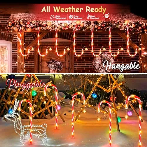 24 Pack Christmas Decorations Outside Solar Candy Cane Lights, LETMY Waterproof Outdoor Christmas Decorations with Star & 144 Bright LED, 8 Modes Xmas Decorations for Outdoor Yard Garden Pathway