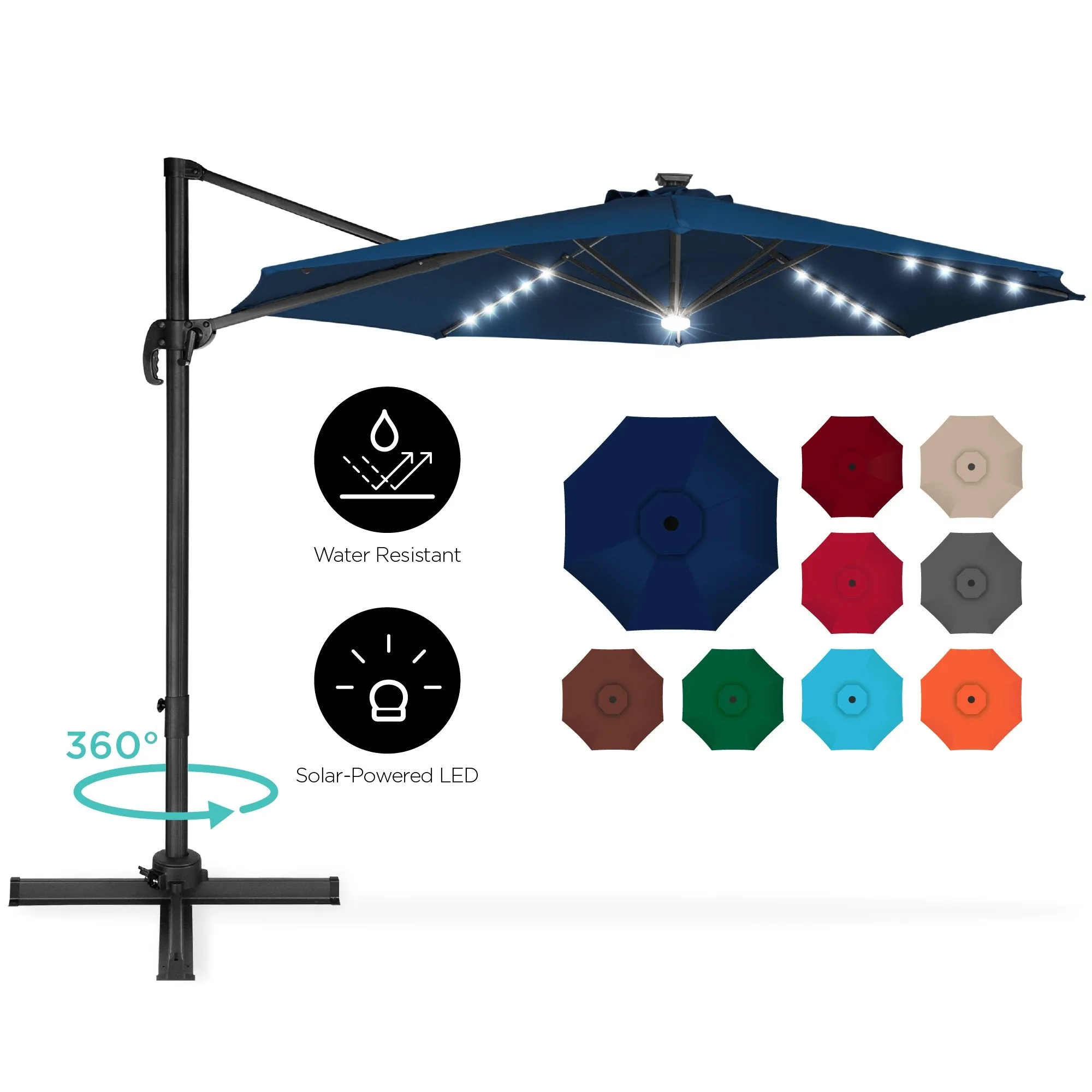 360-Degree LED Cantilever Offset Patio Umbrella w/ Tilt, 10ft