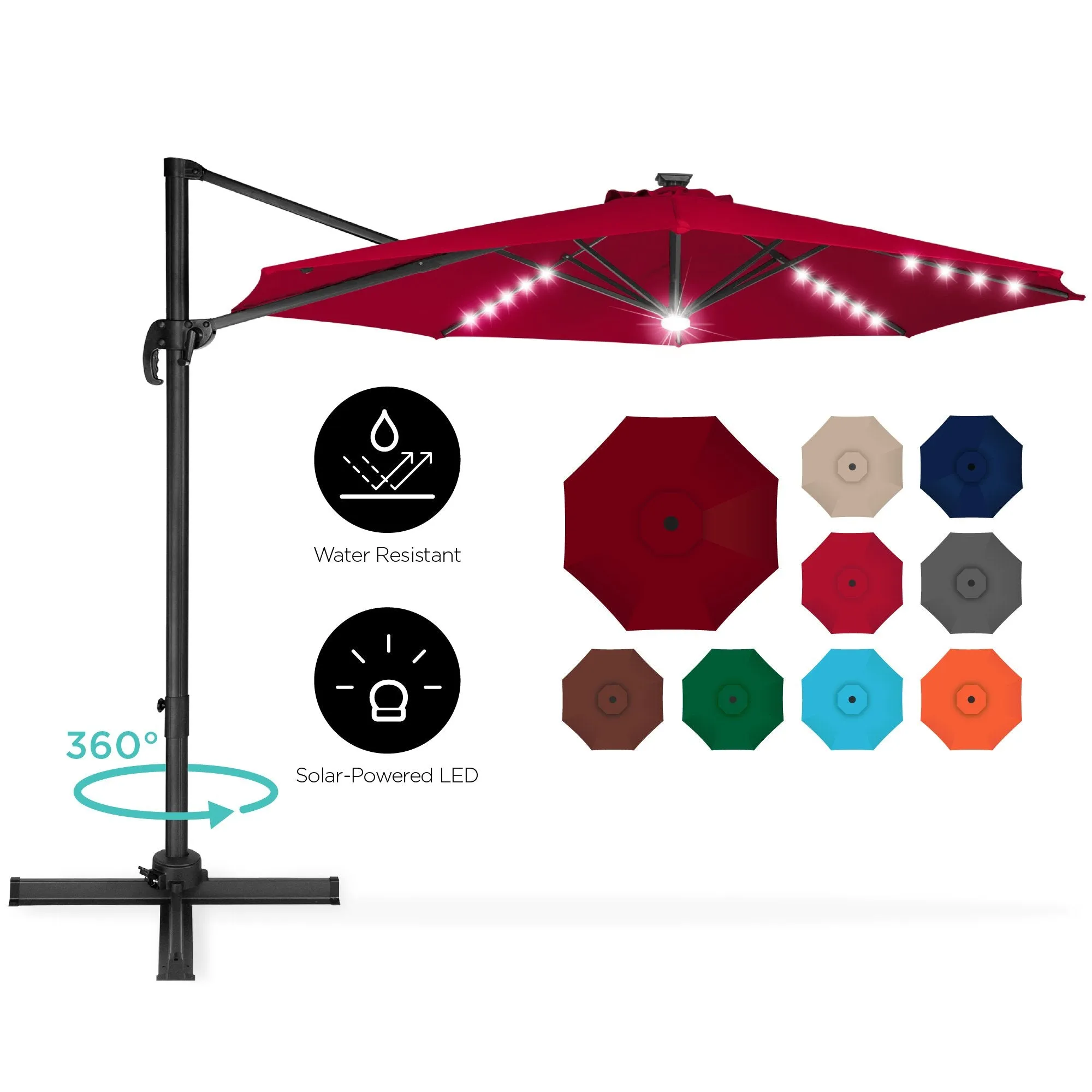 360-Degree LED Cantilever Offset Patio Umbrella w/ Tilt, 10ft