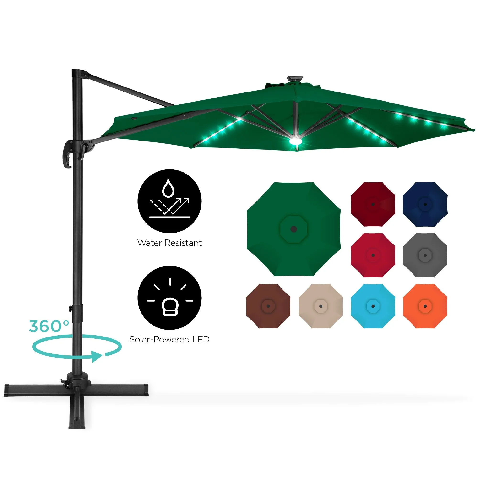 360-Degree LED Cantilever Offset Patio Umbrella w/ Tilt, 10ft