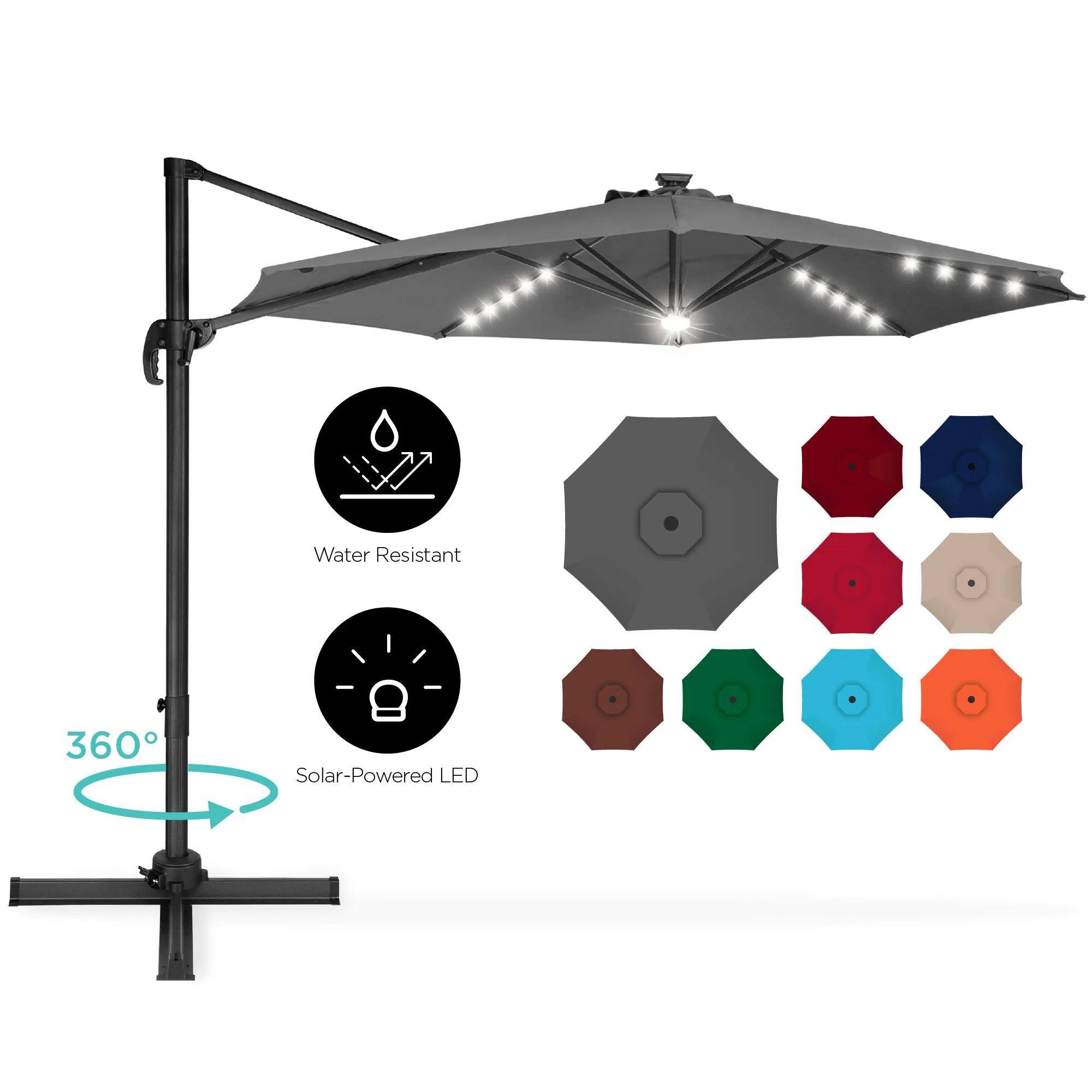 360-Degree LED Cantilever Offset Patio Umbrella w/ Tilt - 10ft