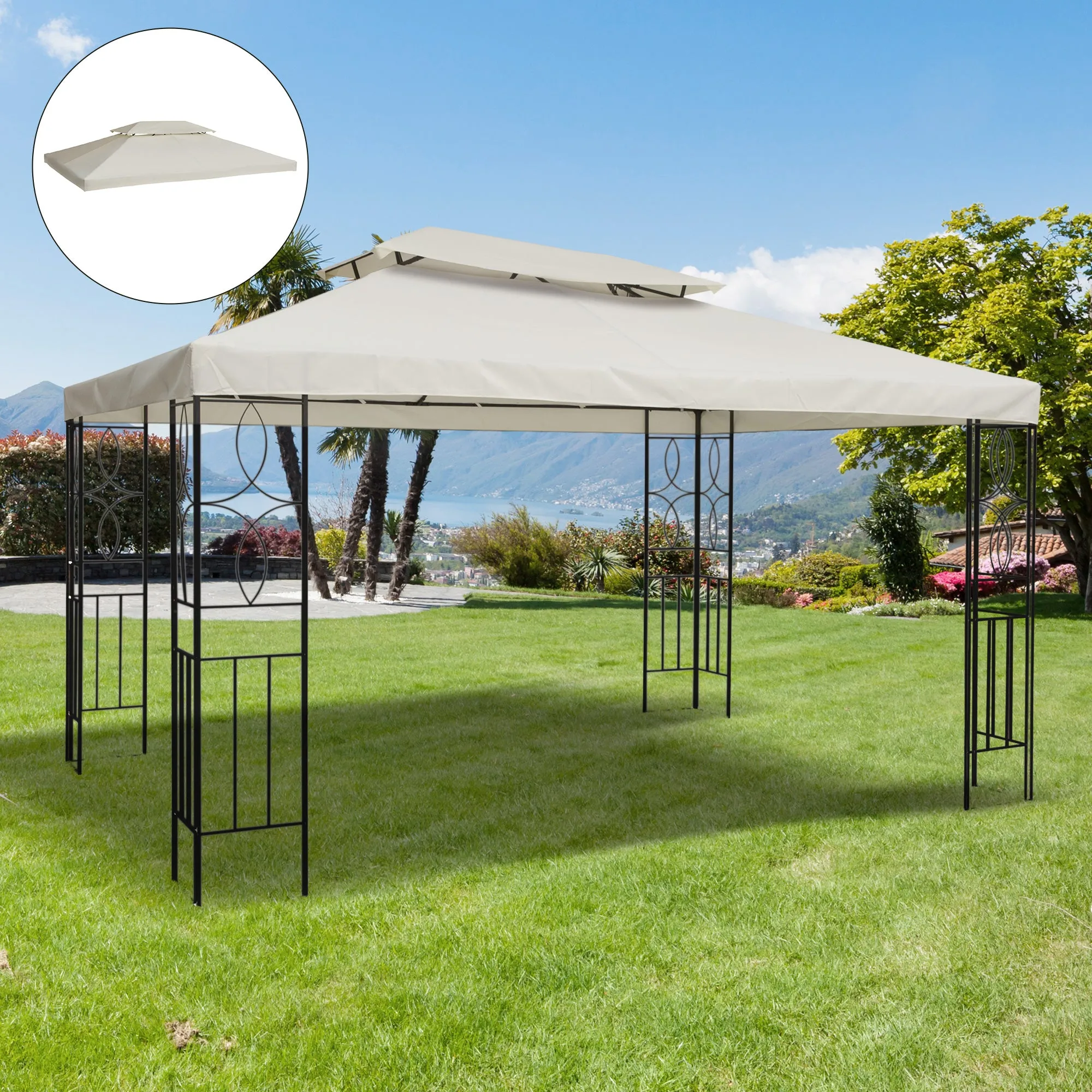 3x4m Gazebo Replacement Roof Canopy 2 Tier Top UV Cover Garden Patio Outdoor Sun Awning Shelters Cream (TOP ONLY)