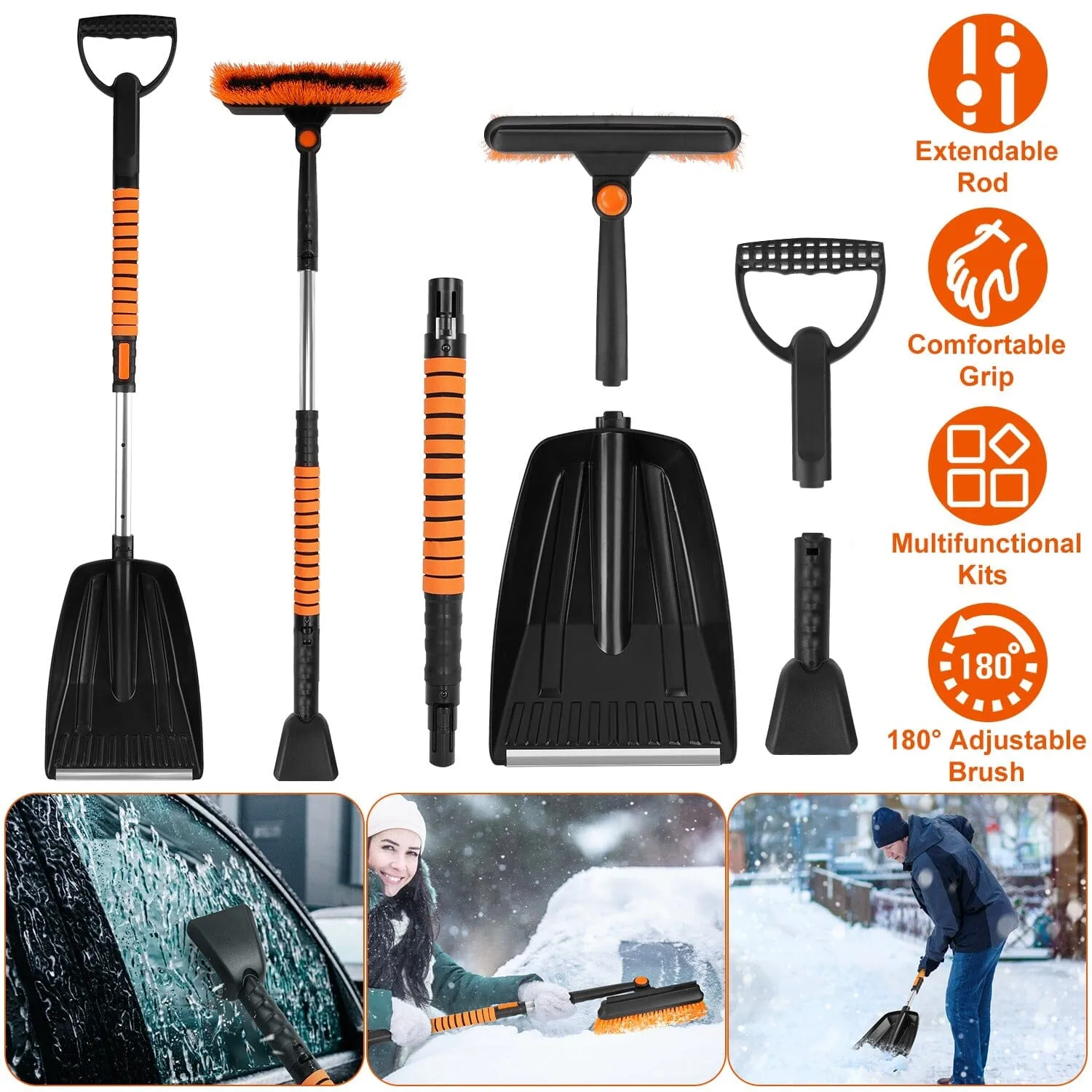 5-in-1 Detachable 180° Adjustable Ice Scraper Snow Shovel