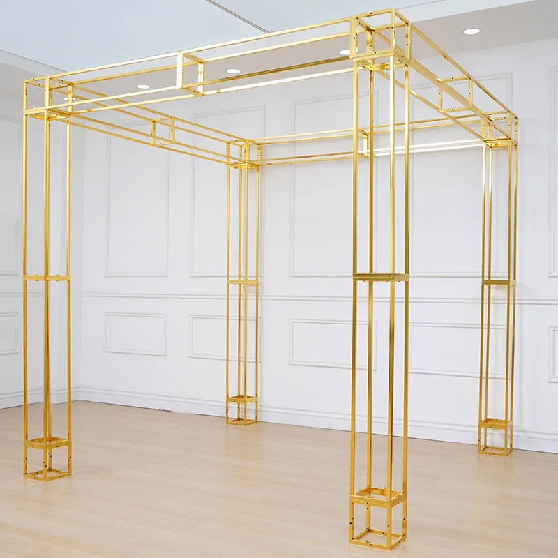 A8082 Gold Plated 4 Poles Stable Square Screen Event Flower Stand Wedding Backdrop Frame