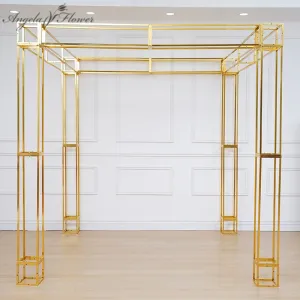 A8082 Gold Plated 4 Poles Stable Square Screen Event Flower Stand Wedding Backdrop Frame