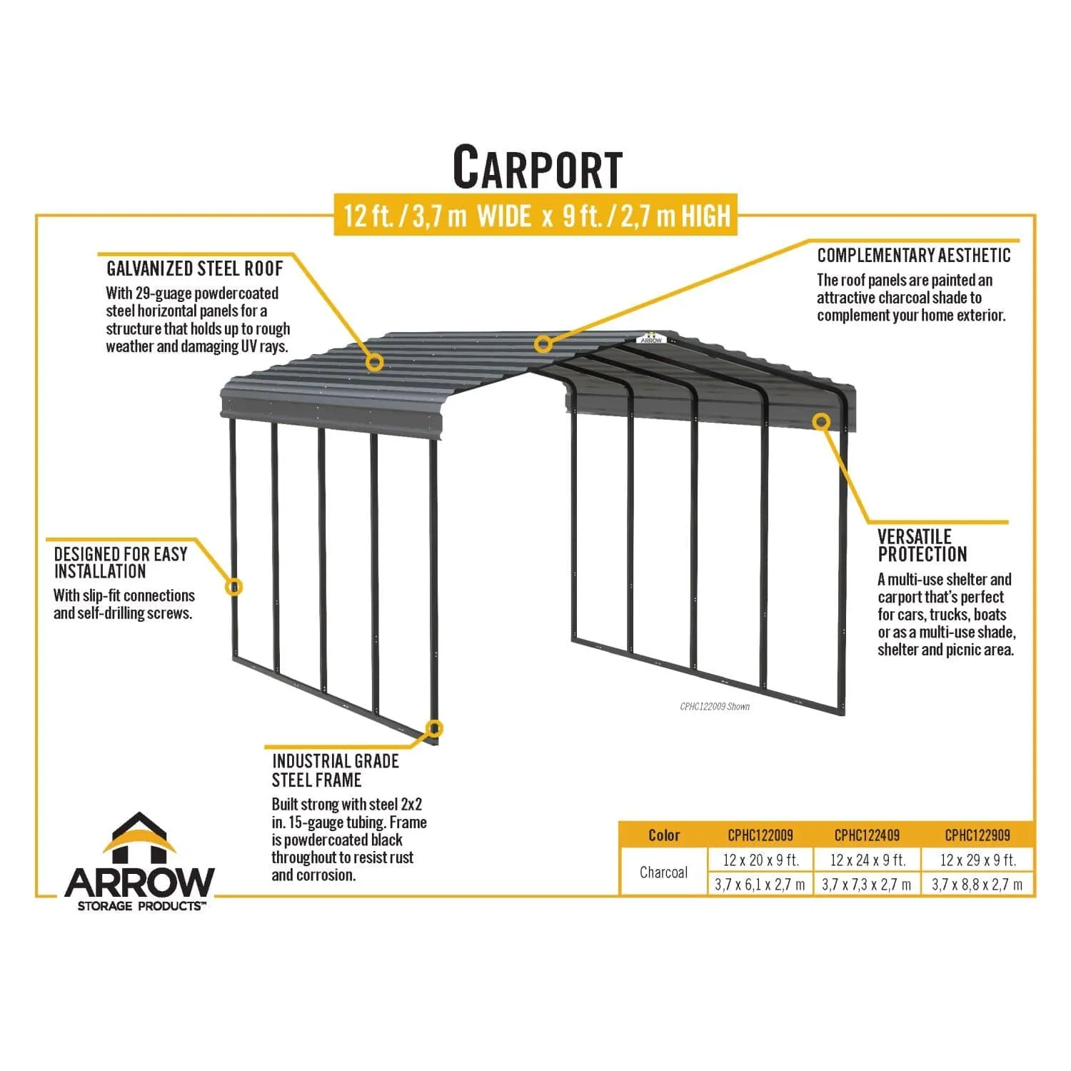 Arrow | Carport 12x24x9 ft Charcoal