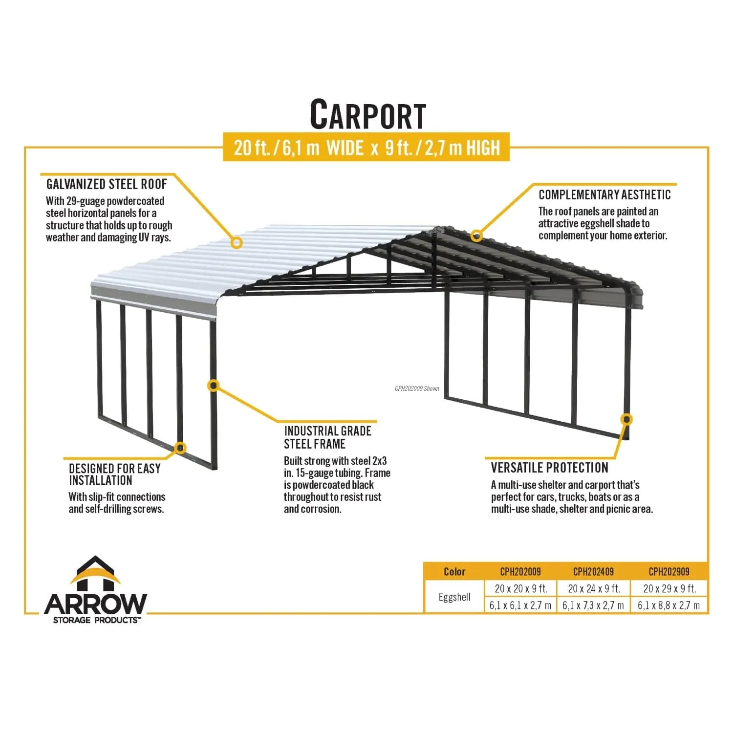 Arrow | Carport 20x20x9 ft Eggshell