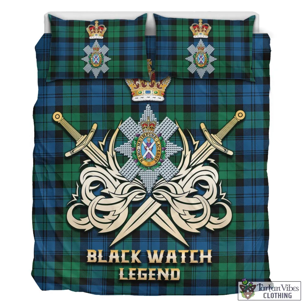 Black Watch Ancient Tartan Bedding Set with Clan Crest and the Golden Sword of Courageous Legacy