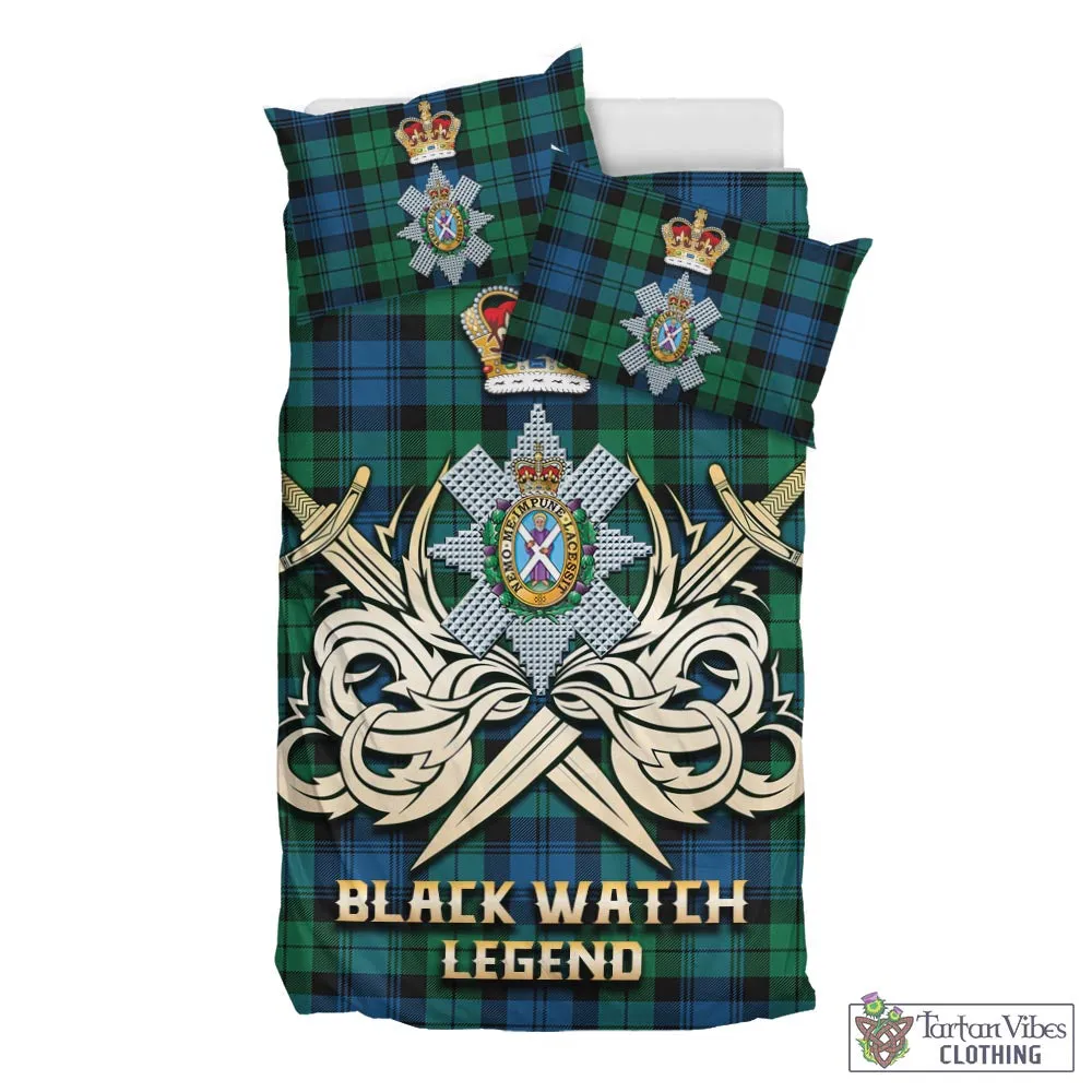 Black Watch Ancient Tartan Bedding Set with Clan Crest and the Golden Sword of Courageous Legacy