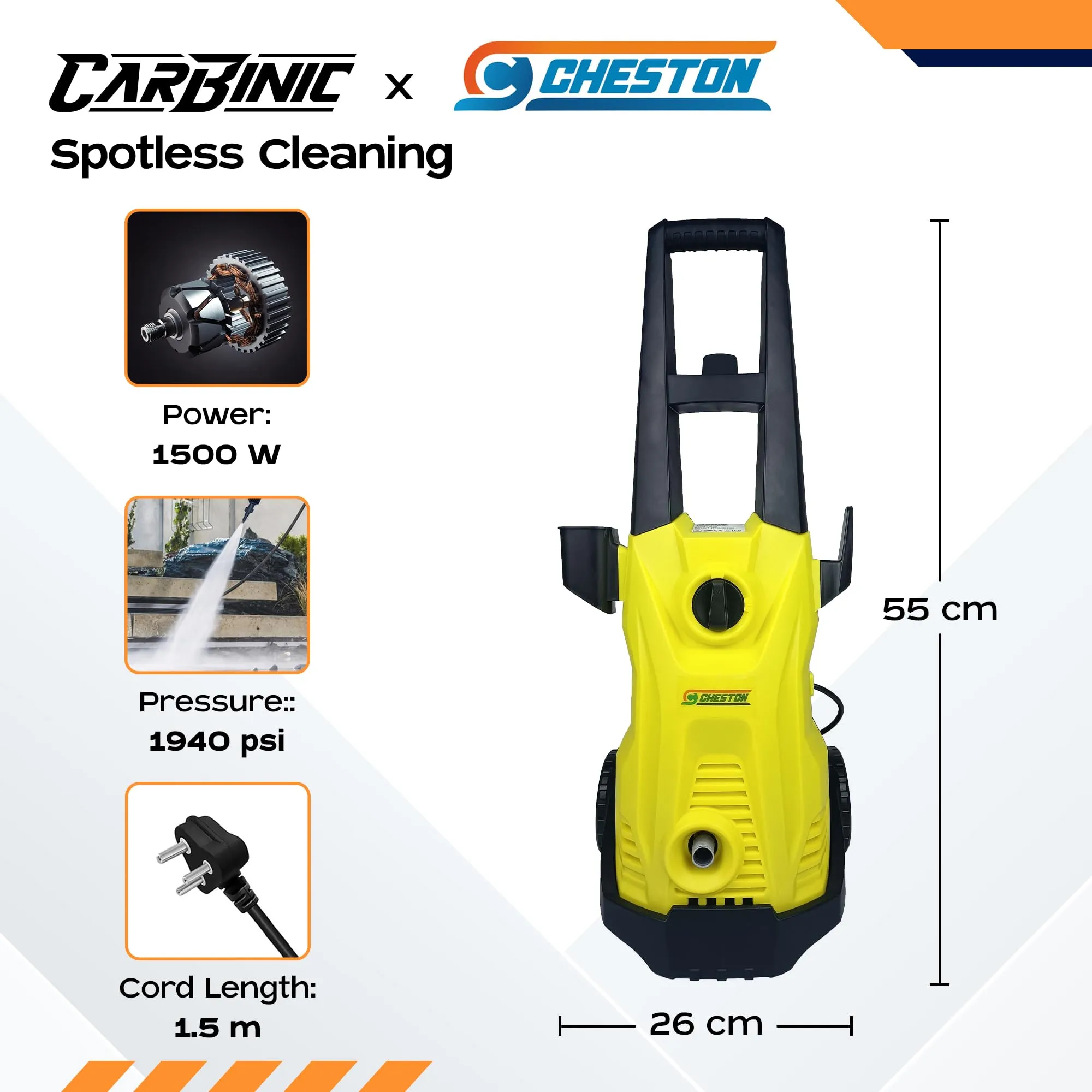 CARBINIC x Cheston Pressure Washer 1500W 120 Bar | Multipurpose High Pressure Pump Electric Car Washing Machine- Portable for Car Bike Cleaning | Outlet Hose Included | Yellow