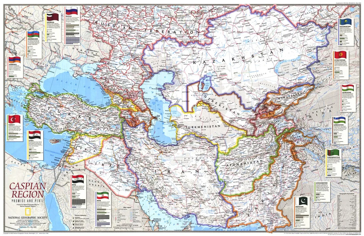 Caspian Region, Promise and Peril Wall Map - Published 1999 by National Geographic