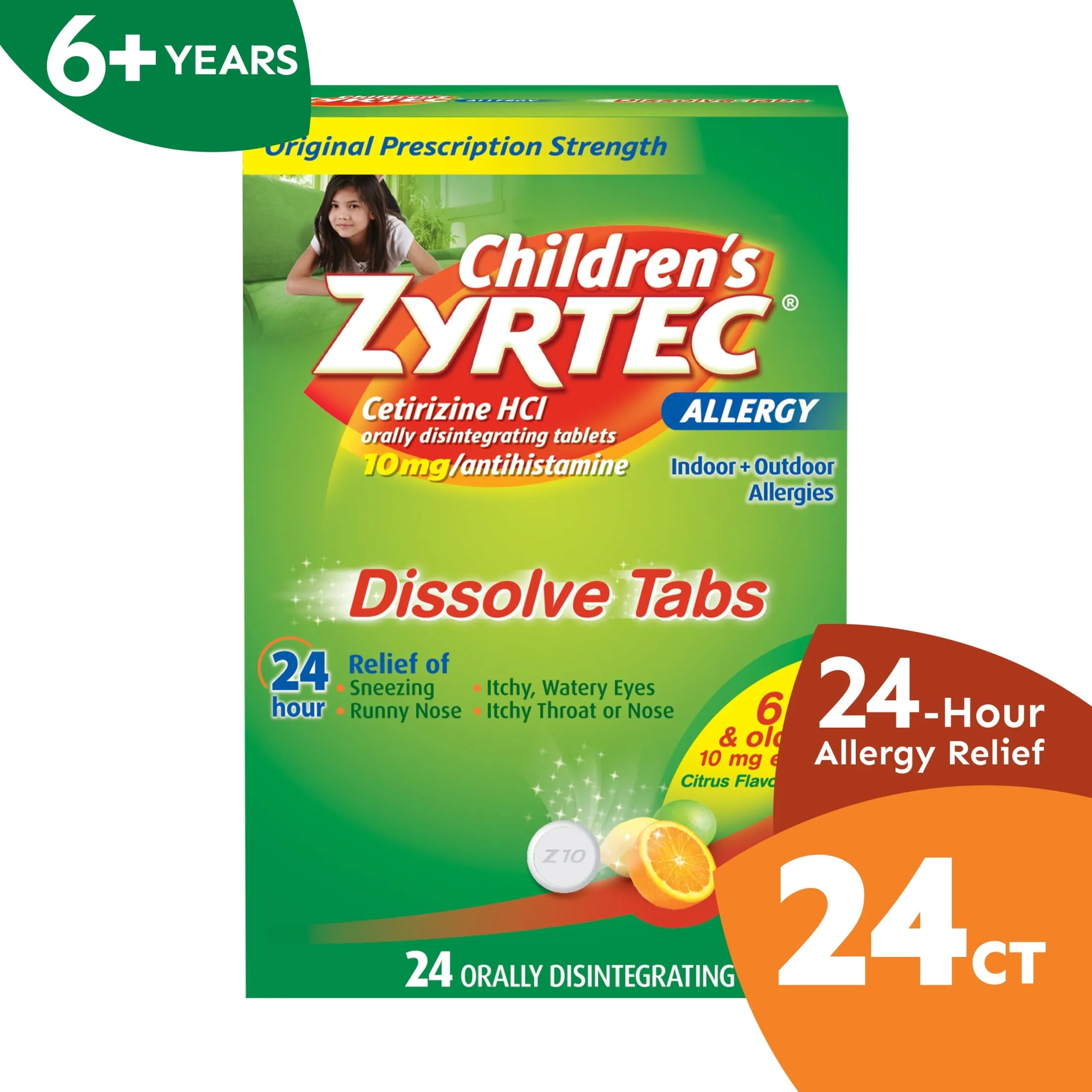 Children's Zyrtec 24 Hr Allergy Relief Dissolve Tablets, Citrus, 24Ct