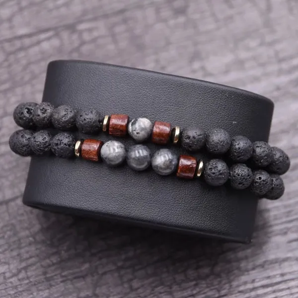 Classy Men Beaded Grey Wooden Bracelet Set