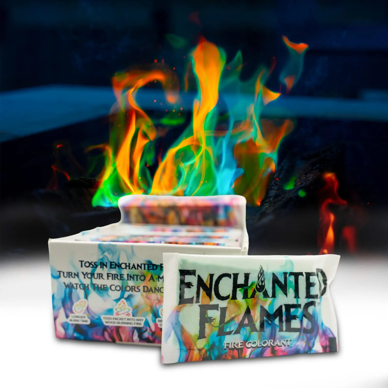 Enchanted Flames Pack of 12 Fire Changing Color Packets for Campfires, Fire Pits, and Outdoor Wood Fireplaces, Longer Lasting Burn Time, Safe and Non-Toxic