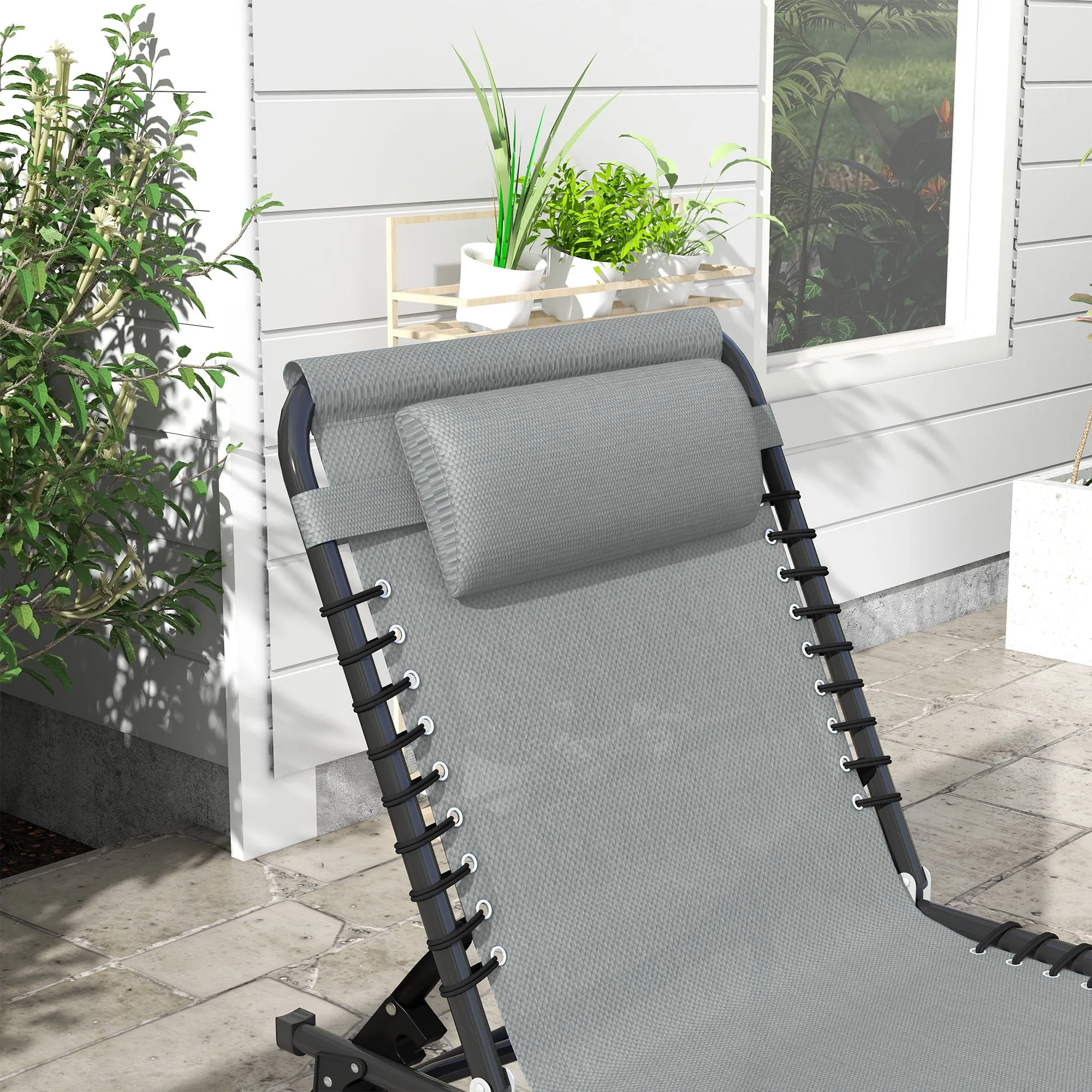 Folding Sun Lounger Beach Chaise Chair Garden Cot Camping Recliner with 4 Position Adjustable Grey