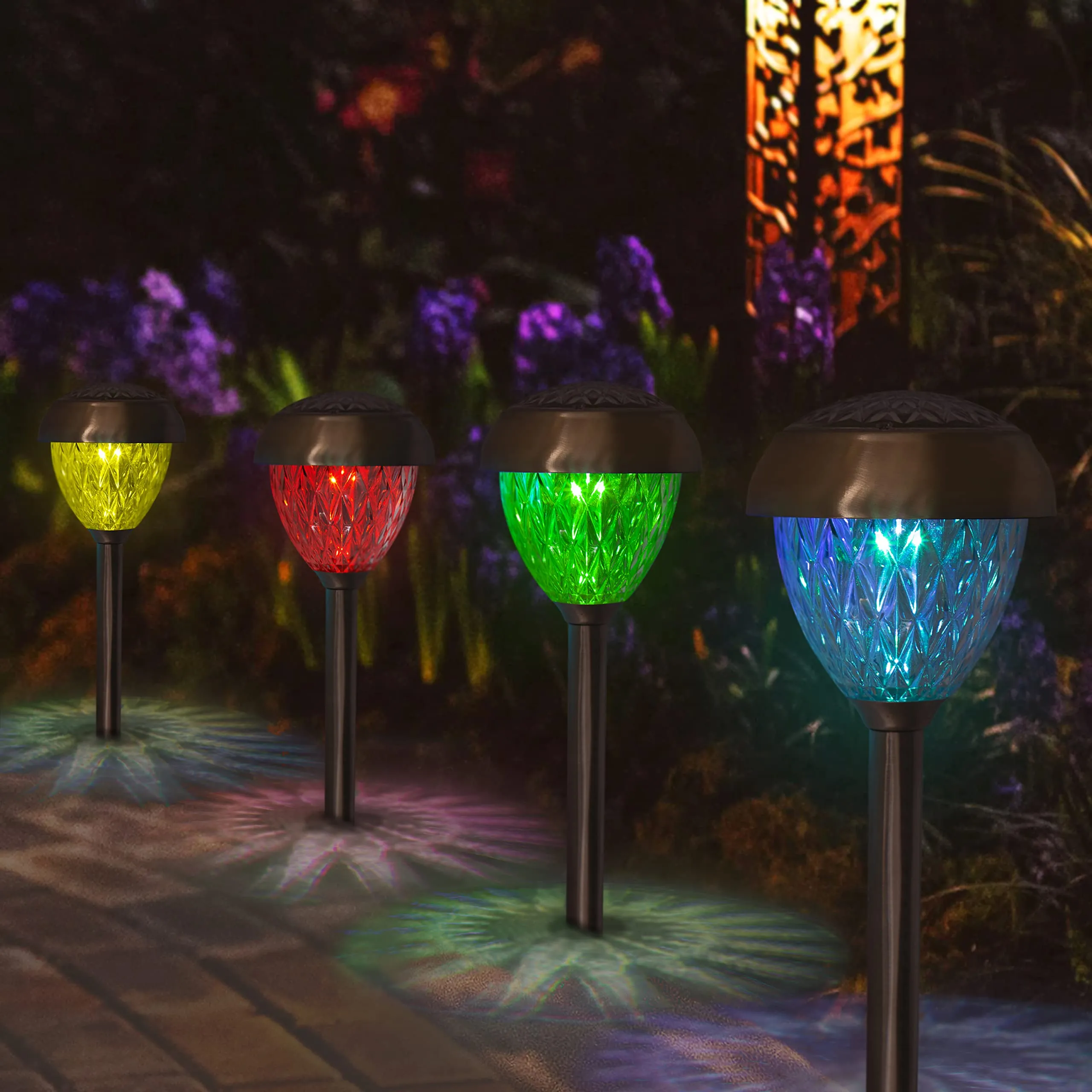 GardenKraft 14430 Diamond Cut Solar Path Lights | 4 Pack | Weatherproof Stainless Steel | Colour Changing Garden Lights | Auto On | 37cm |