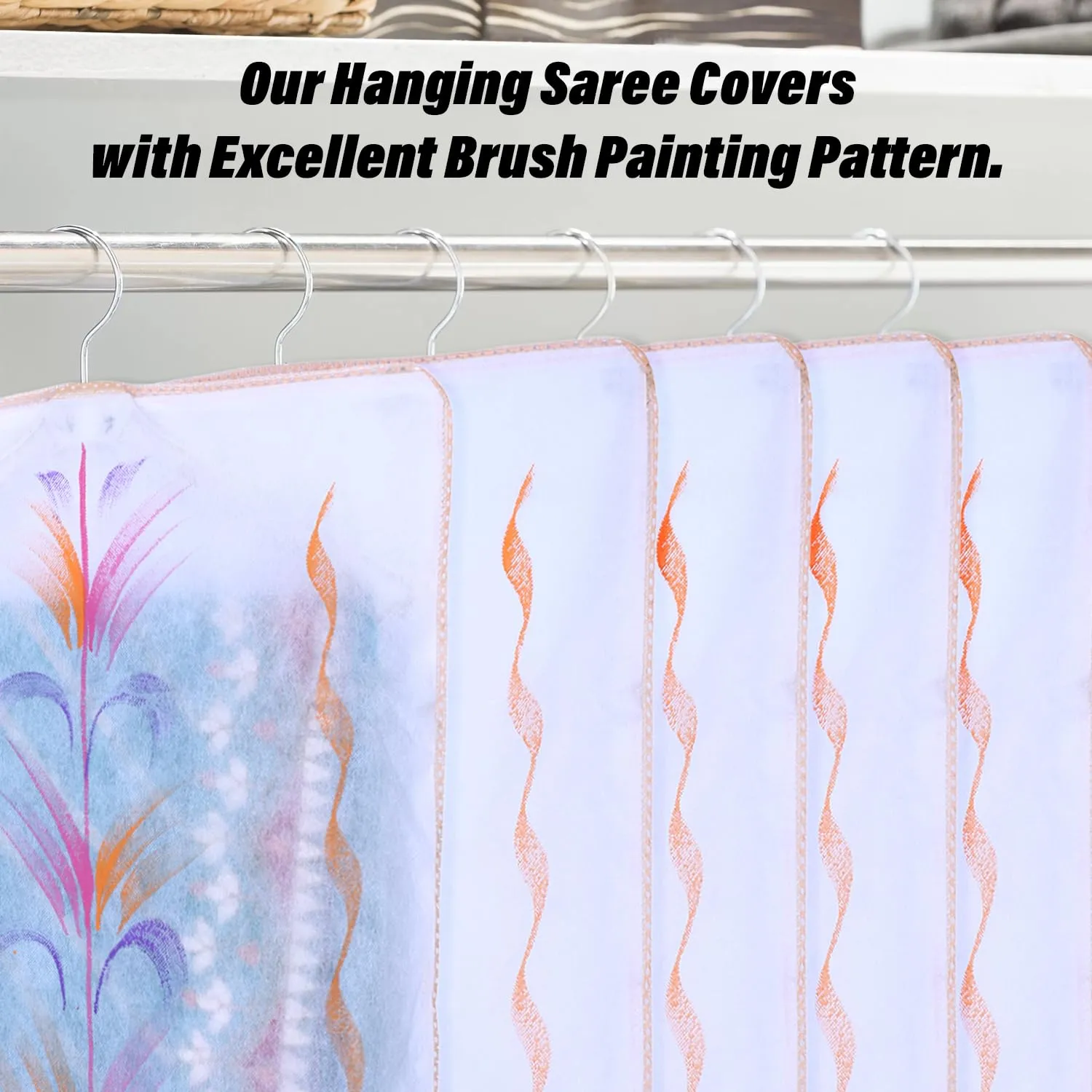 Heart Home Hanging Saree Cover | Brush Painting Pattern Saree Cover | Non-Woven Saree Covers for Home | Saree Cover with Small Transparent view | Pack of 3 | Orange