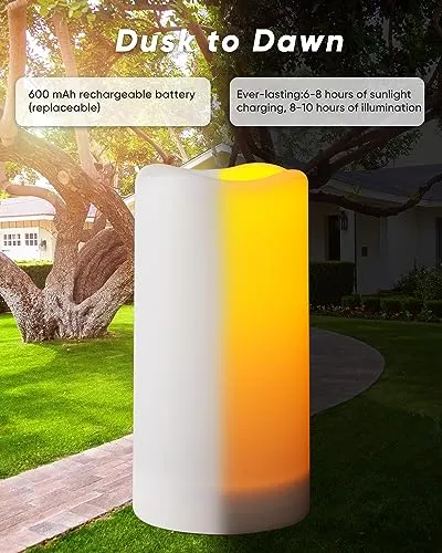 Homemory Solar Candles Outdoor Waterproof, Rechargeable Candles, Solar Powered Flameless Candles for Outdoor, Lanterns, Sensor Only, Dusk to Dawn, Set of 2