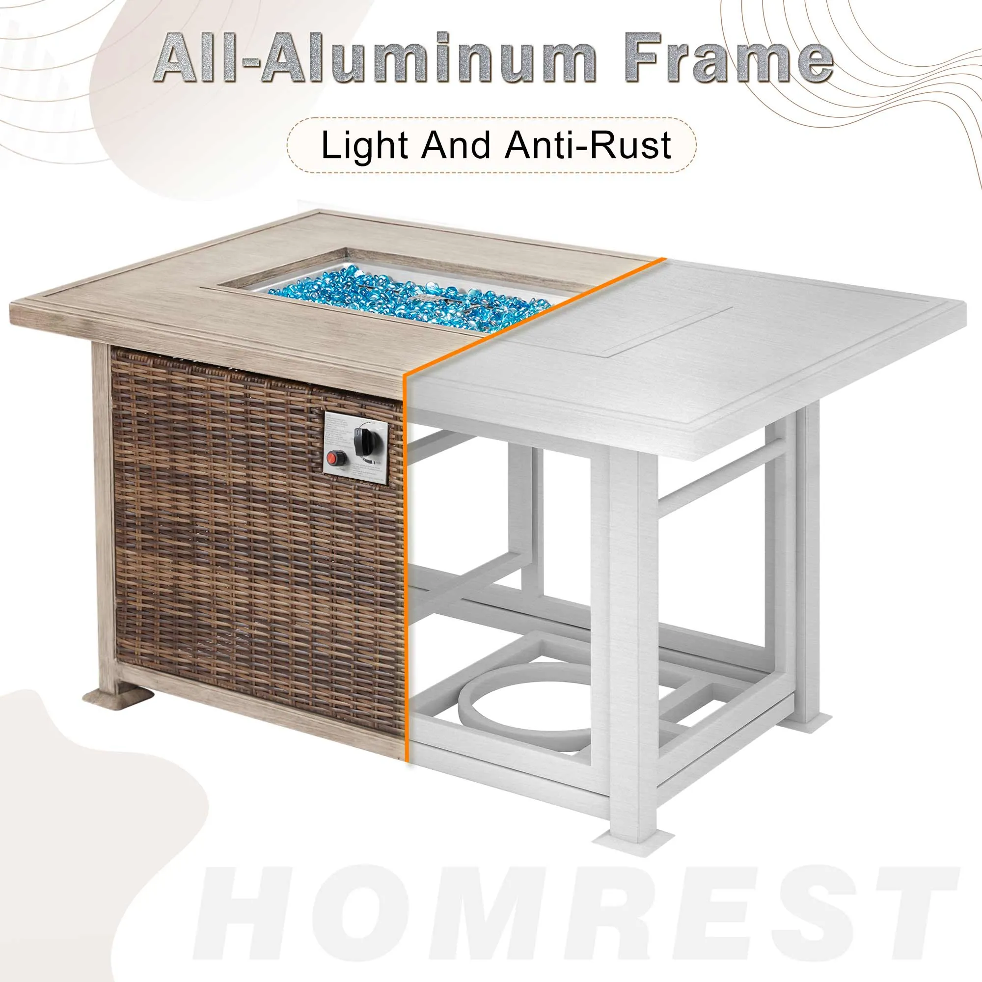 Homrest 50 Inch Propane Fire Pit Table,50,000 BTU with Aluminum Tabletop, Brown