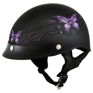 Hot Leathers HLT70 'Purple Butterfly' Flat Black Advanced DOT Motorcycle Half Face Biker Helmet