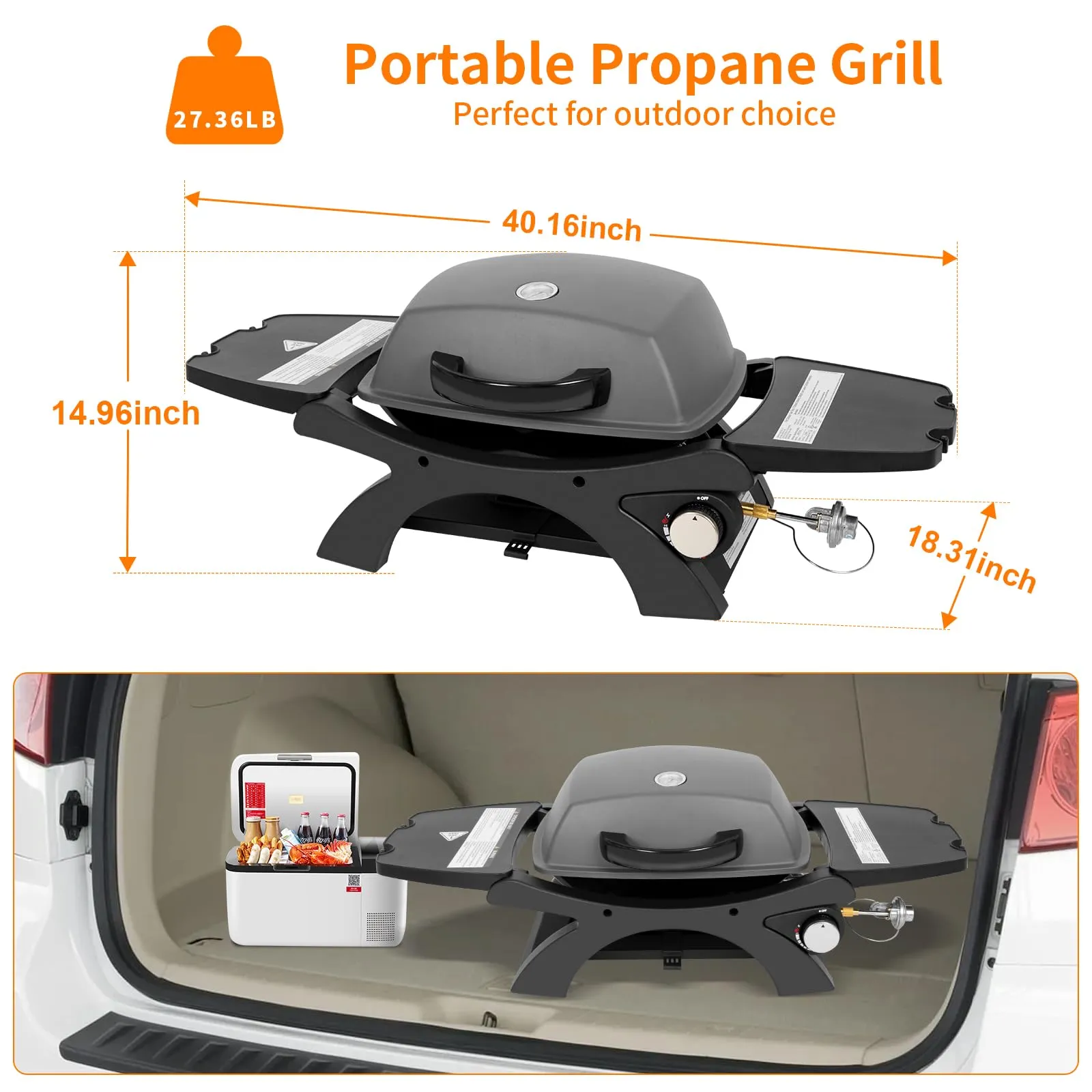 Hykolity 12,000 BTU Portable Tabletop Propane Gas Grill, Outdoor BBQ Grill with Built-in Thermometer, Black Camping Grill with Removable Side Tables for Outdoor Cooking, Tailgating