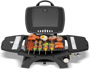 Hykolity 12,000 BTU Portable Tabletop Propane Gas Grill, Outdoor BBQ Grill with Built-in Thermometer, Black Camping Grill with Removable Side Tables for Outdoor Cooking, Tailgating