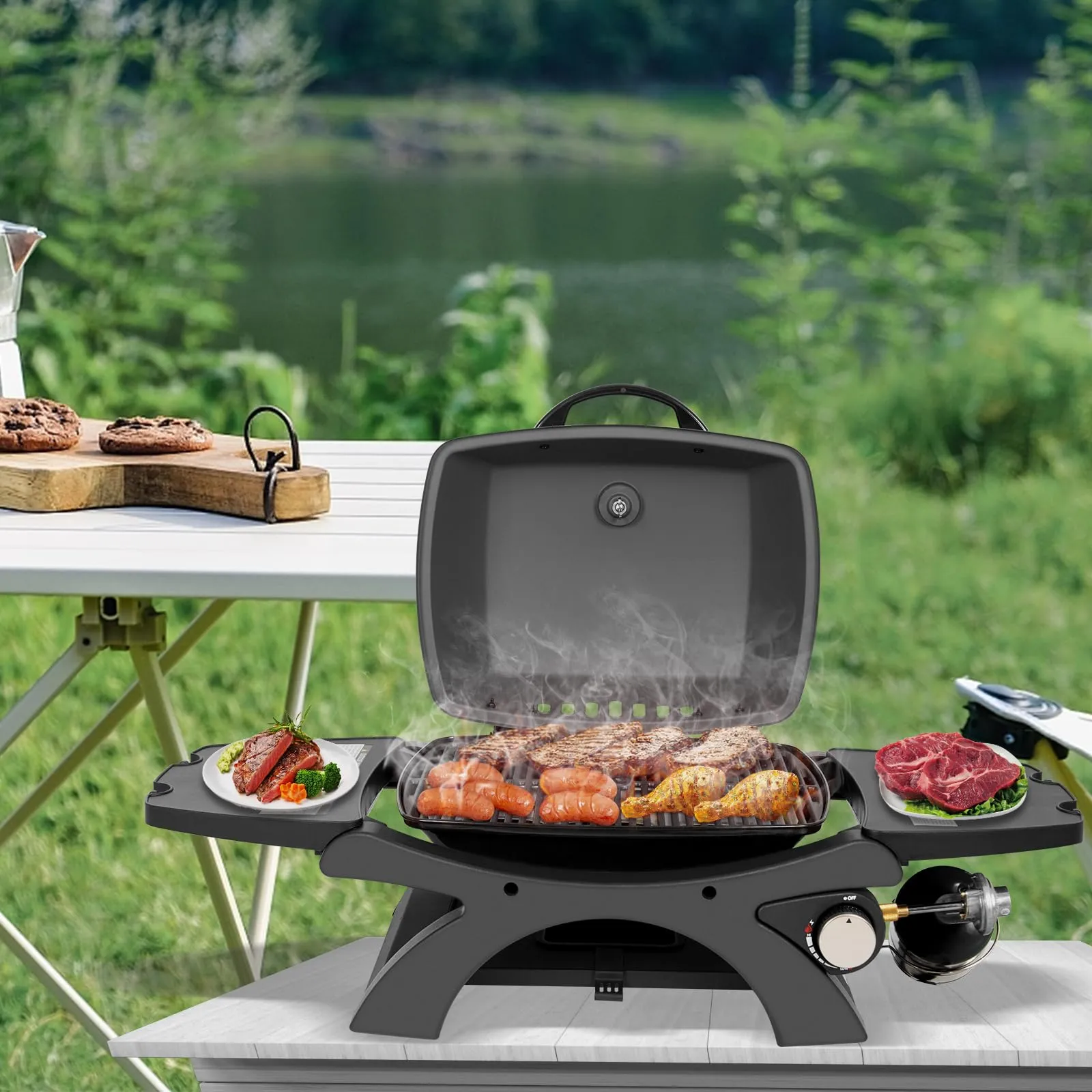 Hykolity 12,000 BTU Portable Tabletop Propane Gas Grill, Outdoor BBQ Grill with Built-in Thermometer, Black Camping Grill with Removable Side Tables for Outdoor Cooking, Tailgating