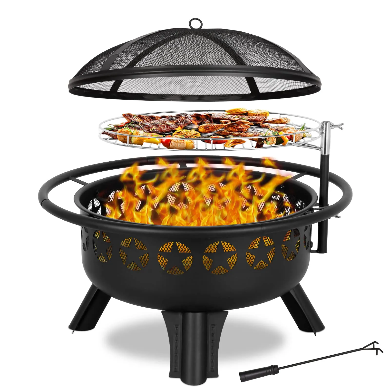 Hykolity 2 in 1 Fire Pit with Grill, Large 31" Wood Burning Fire Pit with Swivel Cooking Grate Outdoor Firepit for Backyard Bonfire Patio Outside Picnic BBQ, with Spark Cover, Fire Poker