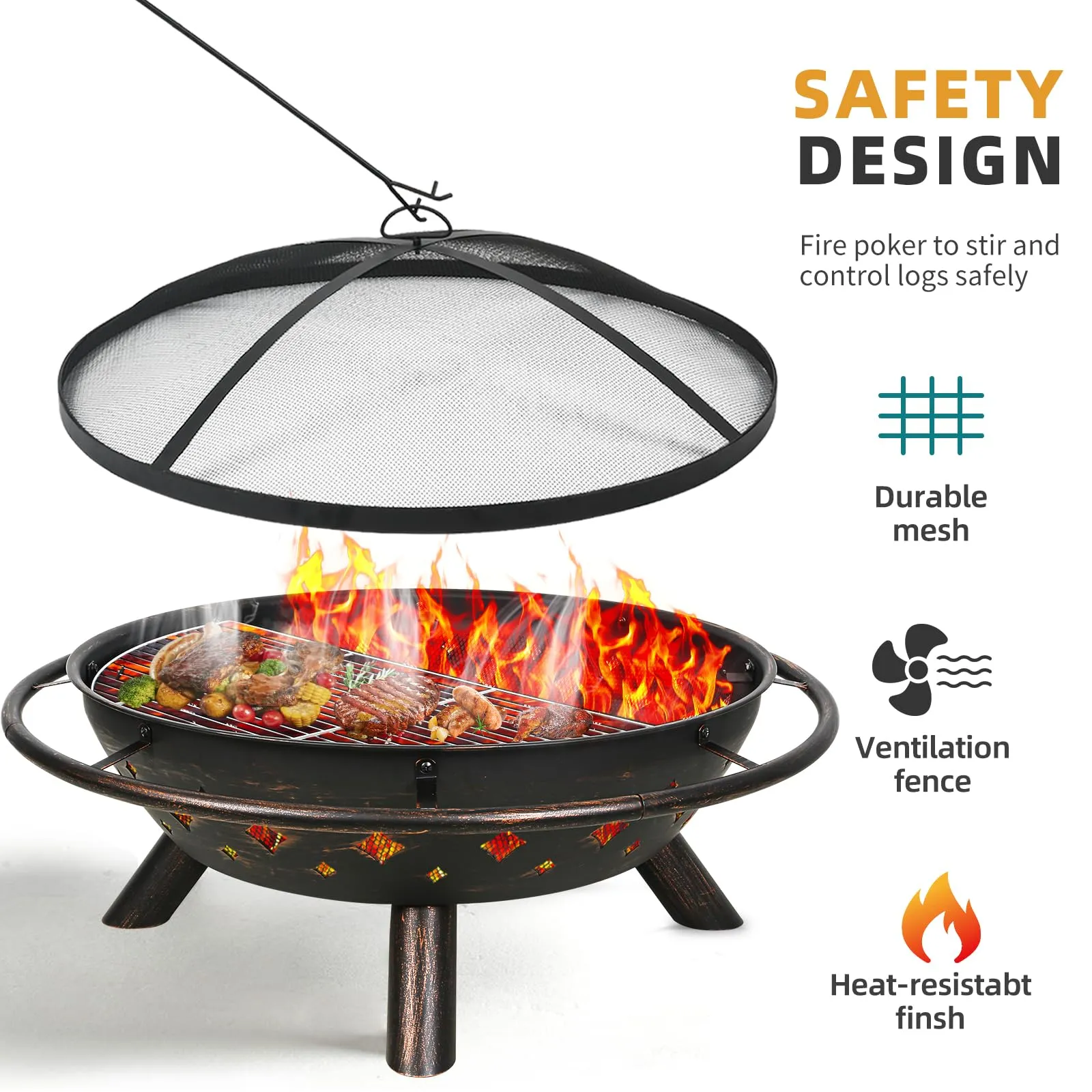 Hykolity 41" Large Size 2 in 1 Outdoor Fire Pit with Grill, Heavy Duty Steel Wood Burning Firepalce, Fire Bowl with Antiqued Copper Finish for Bonfire Patio Backyard