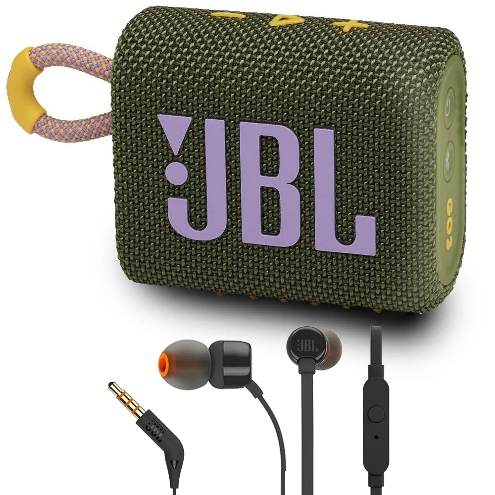 JBL Go 3 Portable Bluetooth Speaker Green with JBL T110 in Ear Headphones