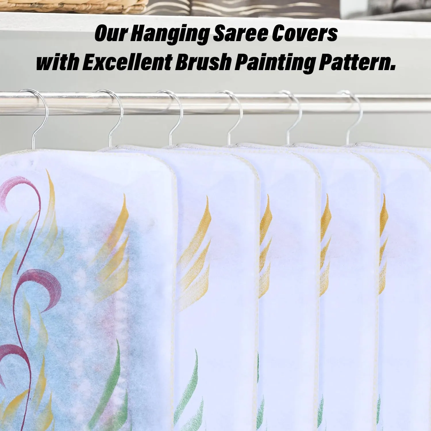 Kuber Industries Hanging Saree Cover | Brush Painting Pattern Saree Cover | Non-Woven Saree Covers for Home | Saree Cover with Small Transparent view | Pack of 6 | Yellow