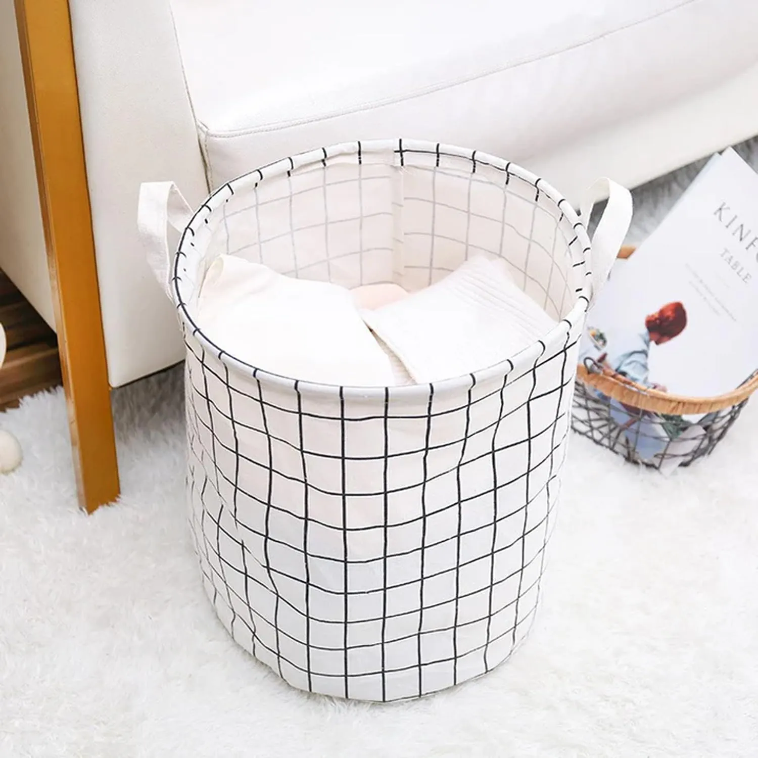 Kuber Industries Pack Of 6 Foldable Storage Basket|Round Toy Storage Bin|Side Grab Handle|Wardrobe, Closet Organizer (White)