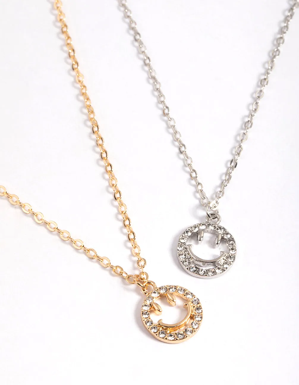 Mixed Metal Cute Diamante Smiley Necklace Pack