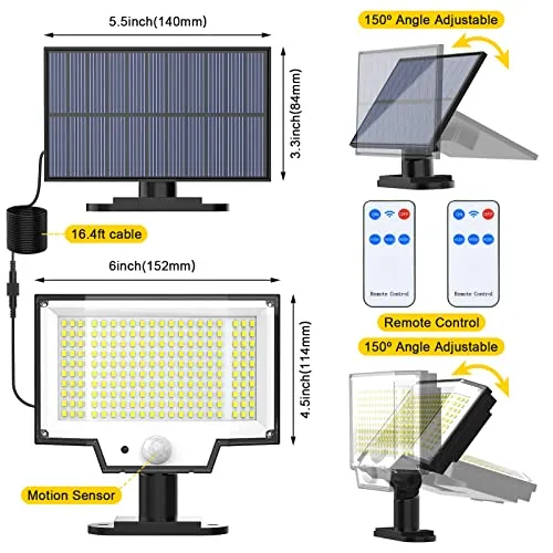 NACINIC Solar Motion Sensor Lights Outdoor Waterproof with 400 Bright LED, Remote, Separate Panel, 16.4Ft Cable, Dusk to Dawn Lighting, Security Solar Flood Light for Outside Porch Yard Shed Wall