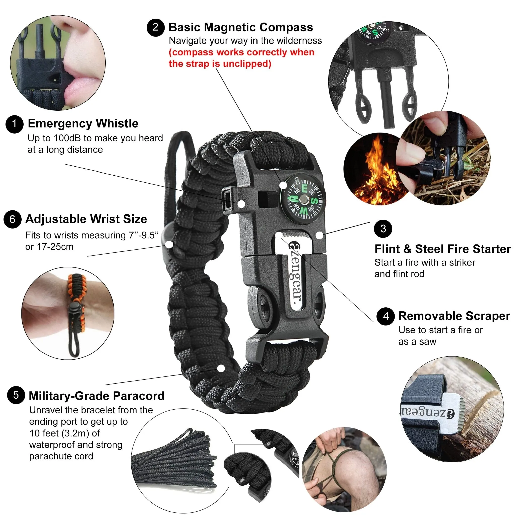 Paracord Survival Bracelet (5 in 1): Flint and Steel Fire Starter, Whistle, Compass, Mini Saw