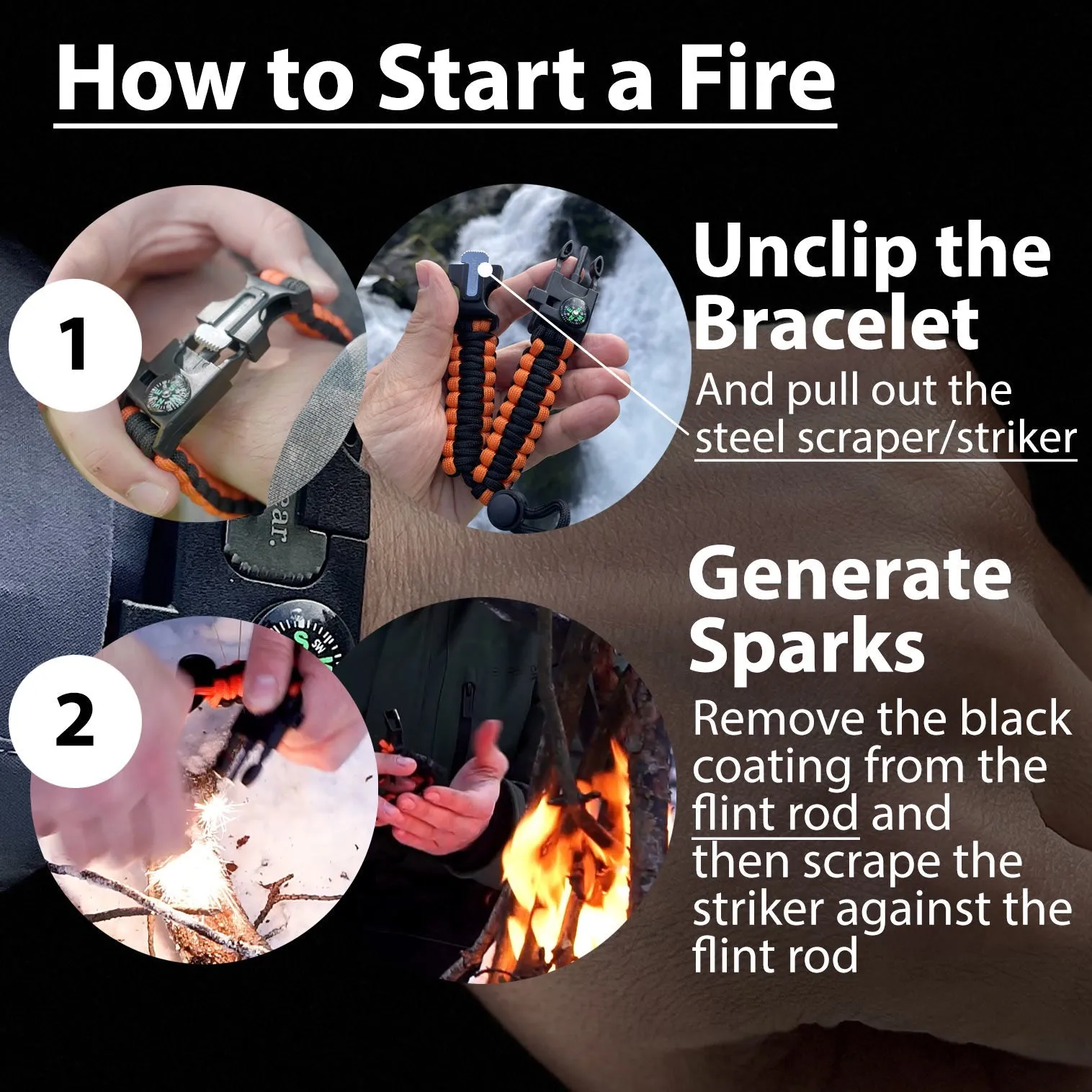 Paracord Survival Bracelet (5 in 1): Flint and Steel Fire Starter, Whistle, Compass, Mini Saw