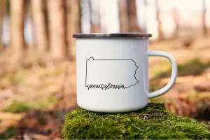 Pennsylvania Mug - White Enamel with State Outline