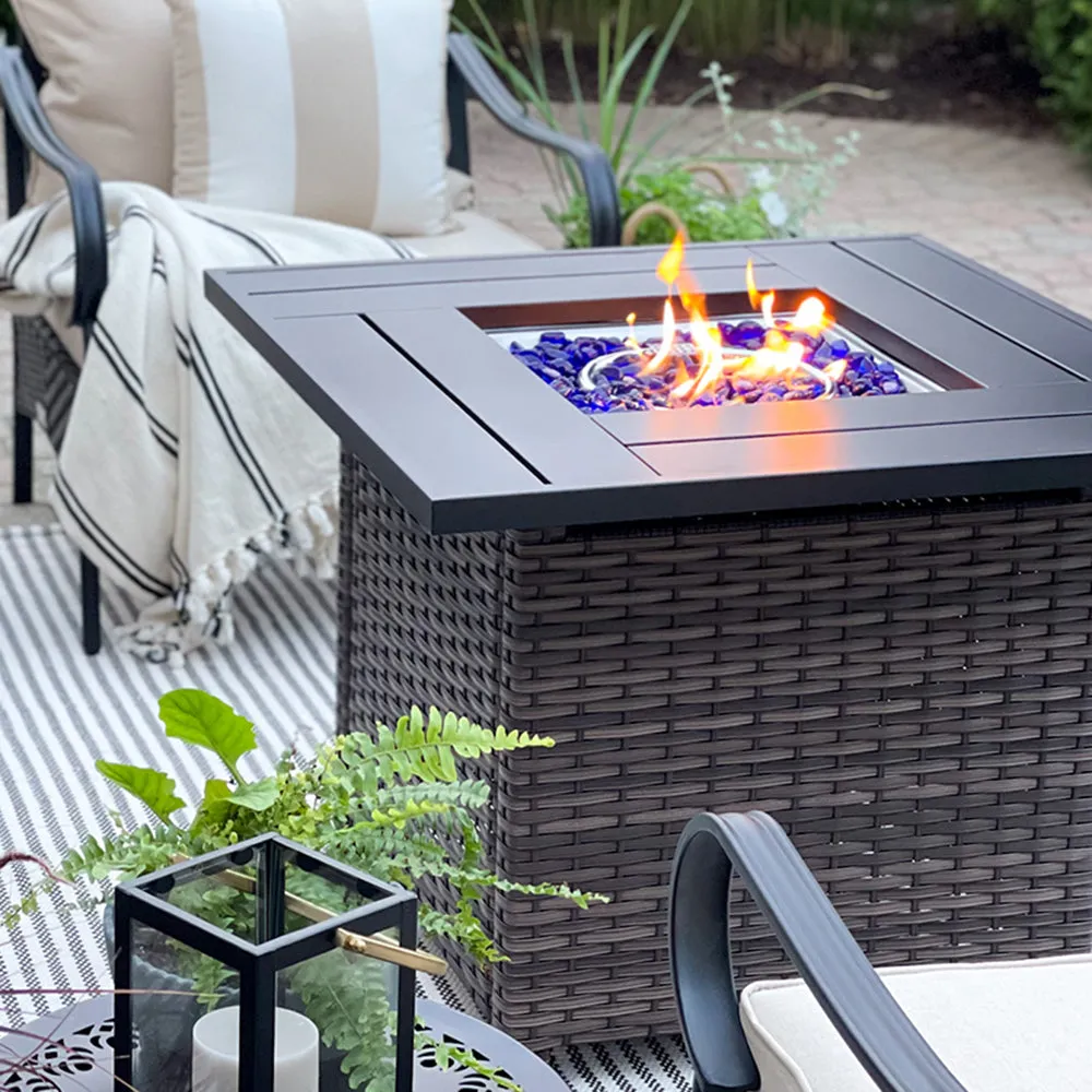 Phi Villa 32 Inch 50,000 BTU Patio Wicker & Steel Square Patio Propane Fire Pit Table