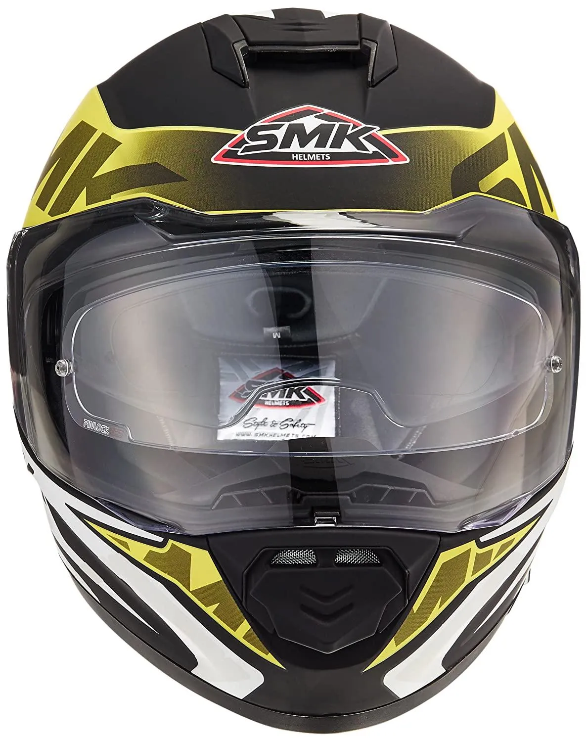 SMK HELMET -  Twister Logo Full Face Helmet With Pinlock Fitted Clear Visor (MA241/Matt Black, Fluorescent Yellow and White,)