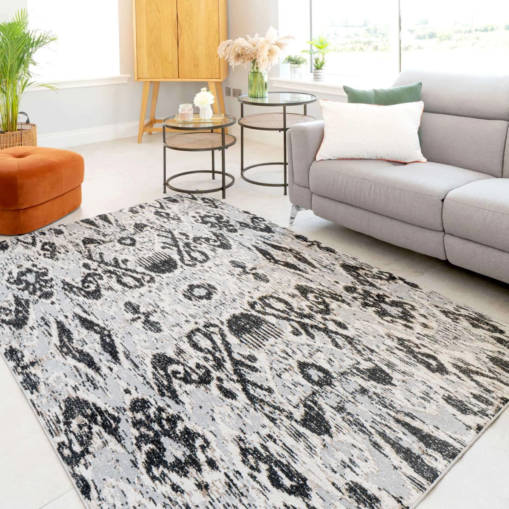 Soft Grey Ikat Living Room Rug