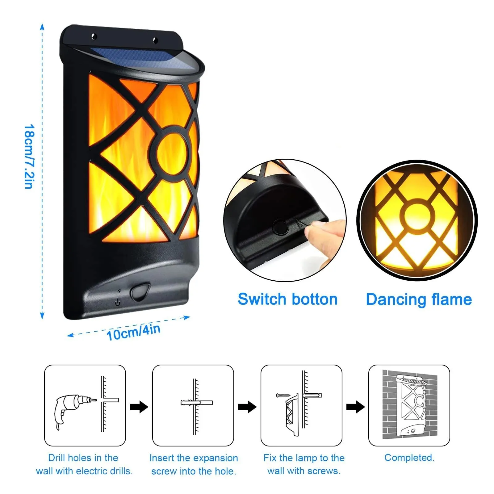 Solar Powered LED Flame Light Wall Mounted