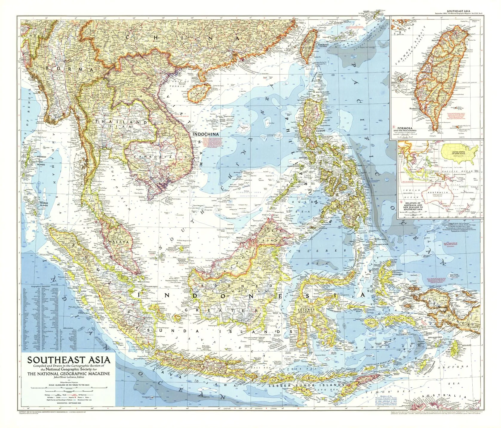 Southeast Asia Wall Map - Published 1955 by National Geographic