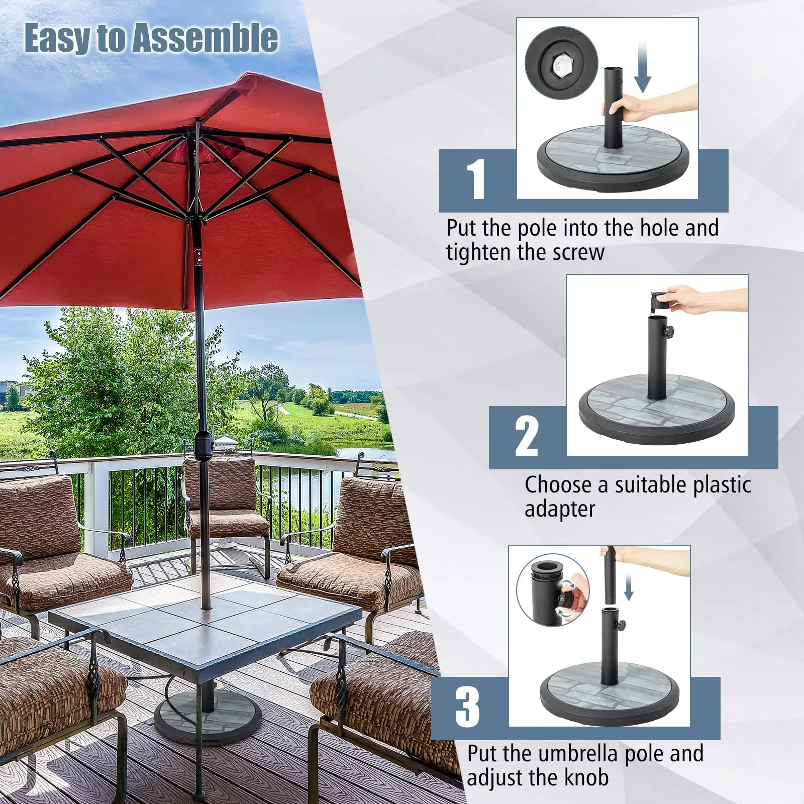 Tangkula 19 Inch Round Umbrella Base, 35 lbs Heavy Duty Outdoor Patio Umbrella Stand with HDPE Base & Metal Pole & 3 Adapters