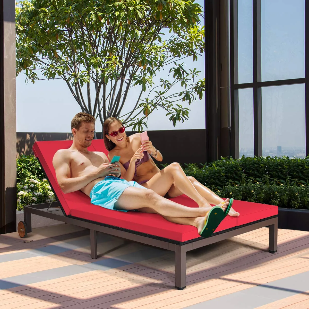 Tangkula 2-Person Patio Lounge Chair, Outdoor Rattan Double Wicker Daybed Chaise Lounge Chair