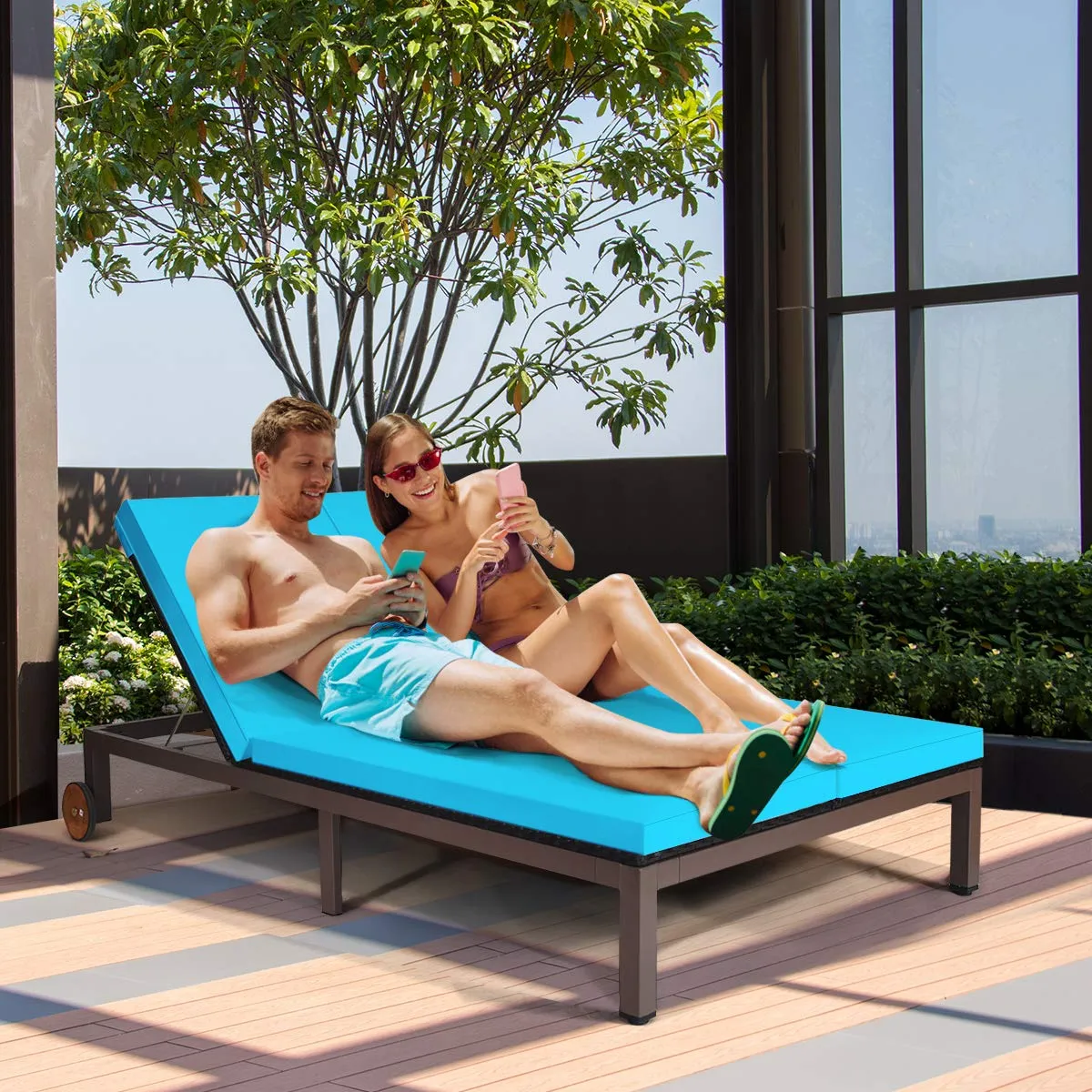 Tangkula 2-Person Patio Lounge Chair, Outdoor Rattan Double Wicker Daybed Chaise Lounge Chair