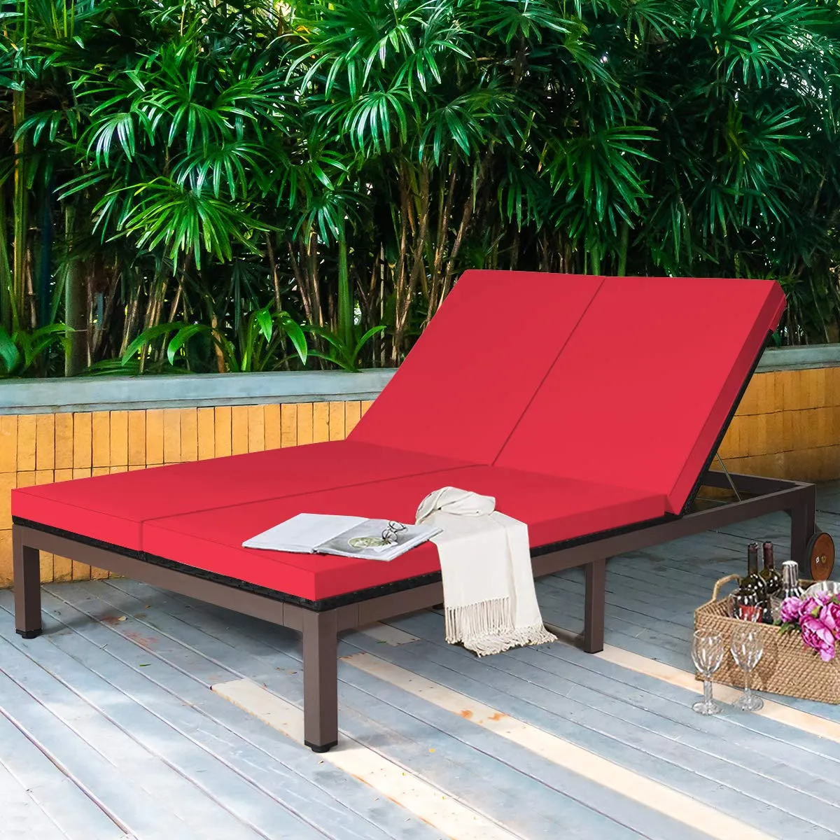 Tangkula 2-Person Patio Lounge Chair, Outdoor Rattan Double Wicker Daybed Chaise Lounge Chair