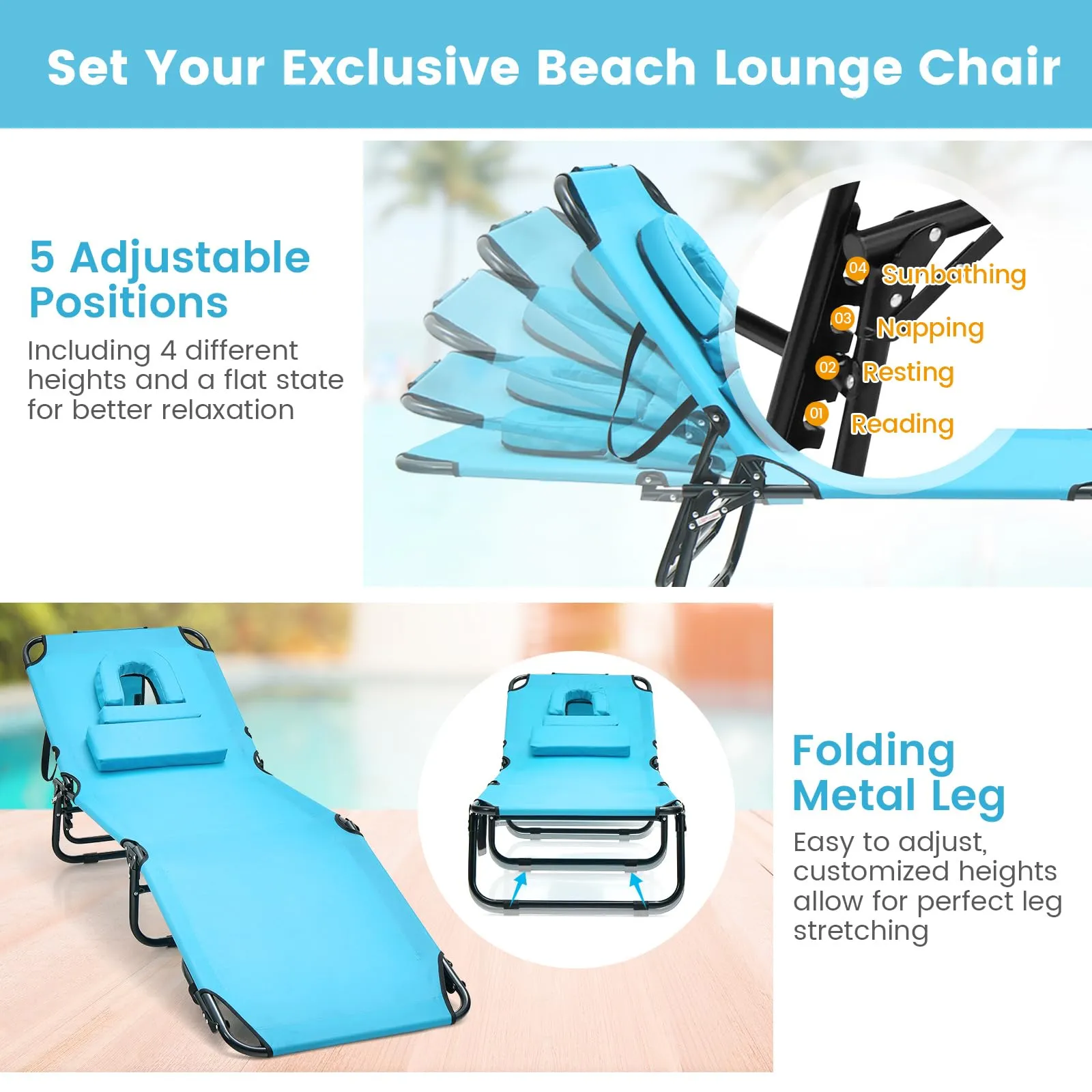 Tangkula Beach Lounge Chair, Folding Sunbathing Recliner with Face Hole