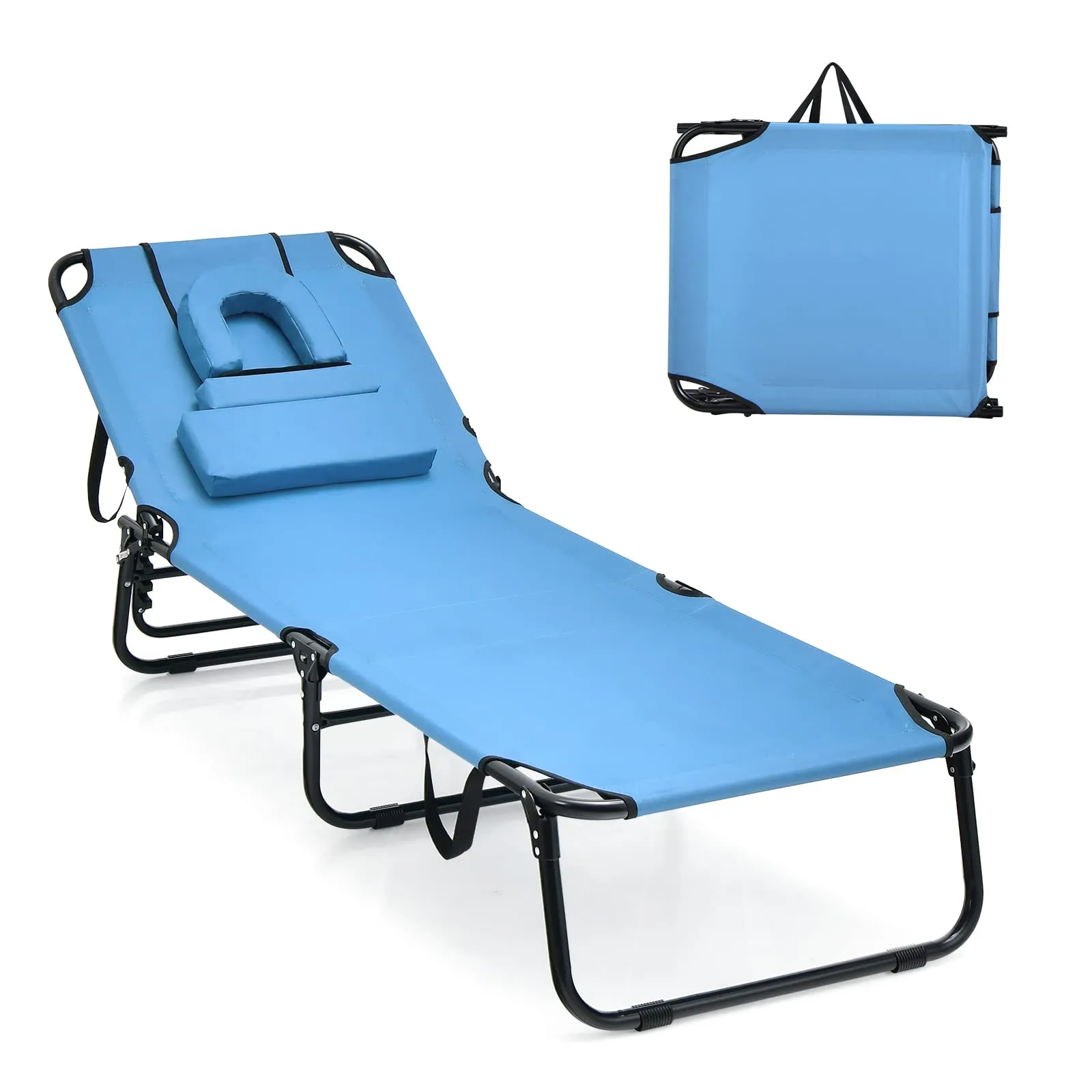 Tangkula Beach Lounge Chair, Folding Sunbathing Recliner with Face Hole