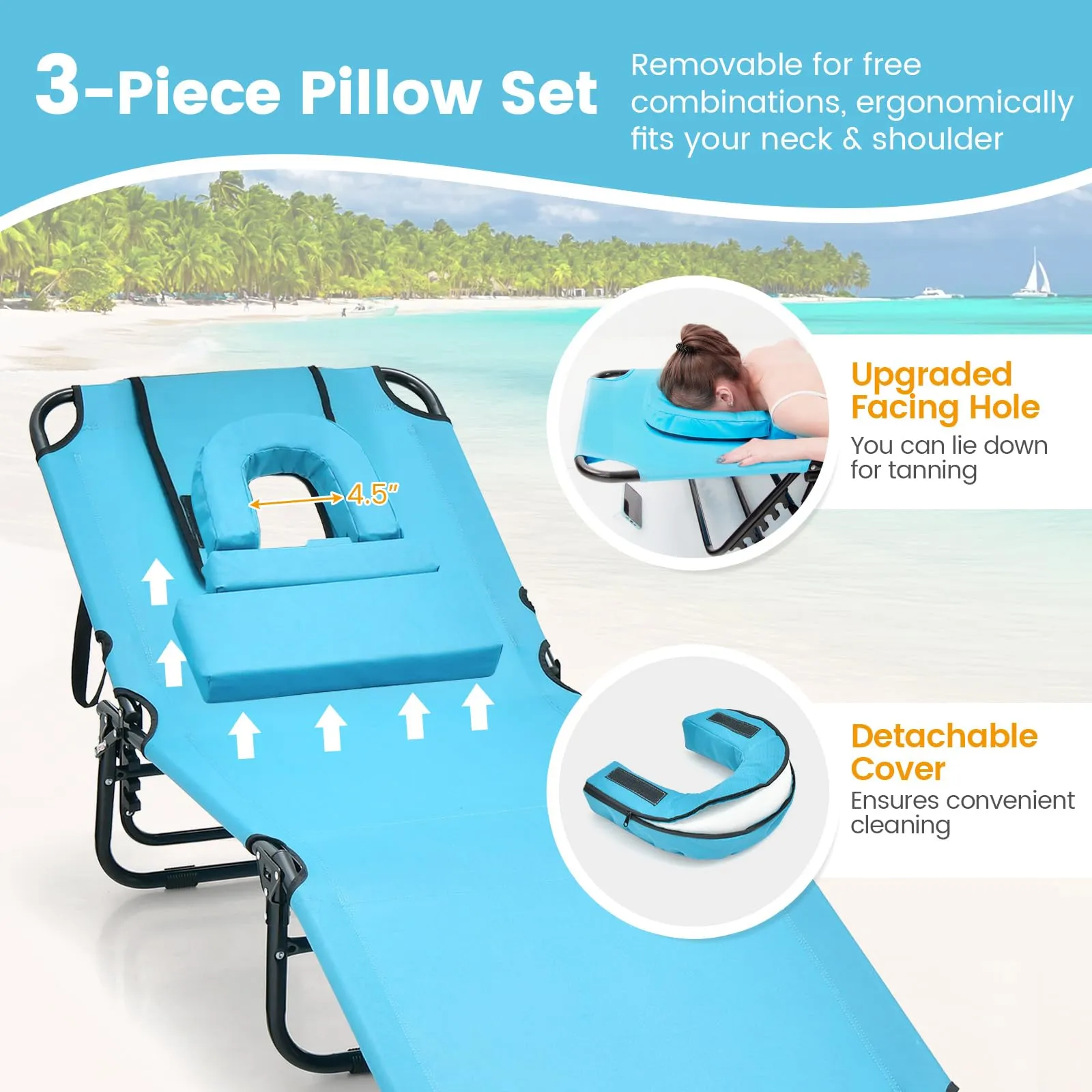 Tangkula Beach Lounge Chair, Folding Sunbathing Recliner with Face Hole